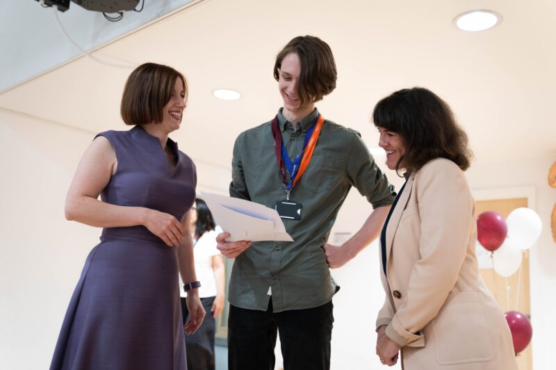 Bridget Phillipson congratulates a successful student on results day 2023