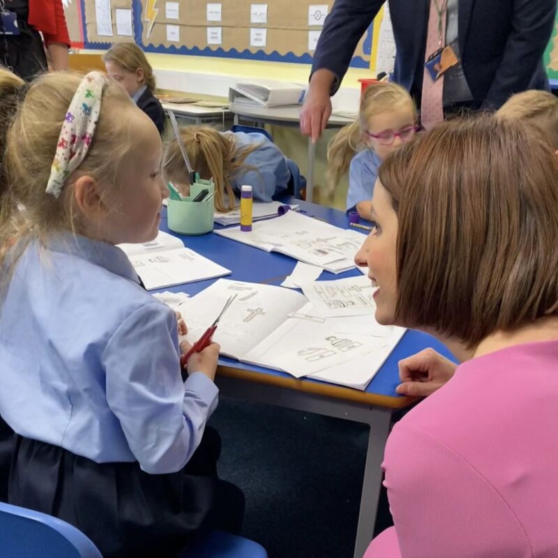 Bridget Phillipson MP speaking to a pupil at St Mary Magdalen.