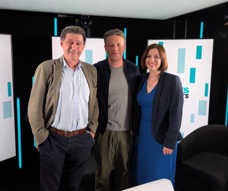 Bridget (right) with Jamie Oliver (centre) and Jon Sopel from the News Agents (left)