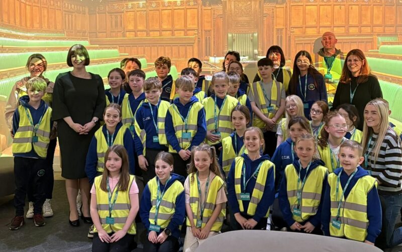 Bridget (left) with staff and pupils from East Herrington Primary in Parliament.