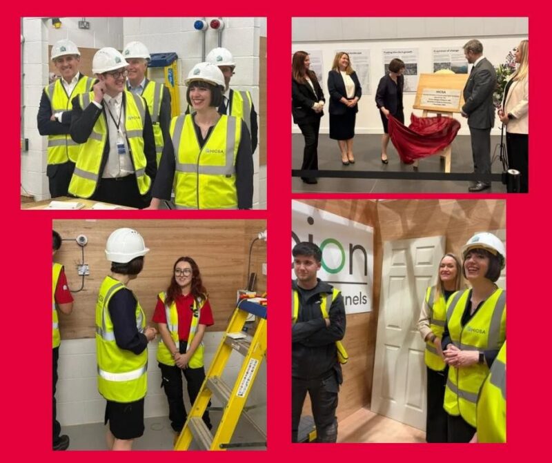 A collage of photos of Bridget and Lewis Atkinson with trainees at Sunderland College
