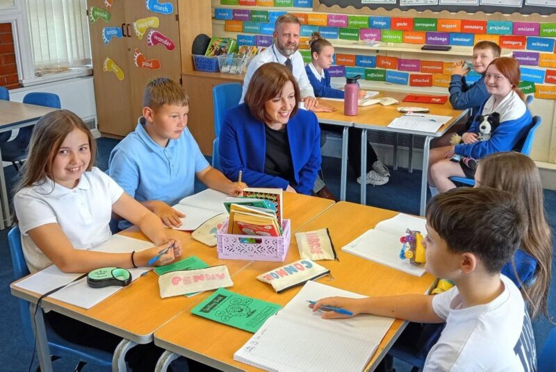 Bridget (centre) with pupils at East Rainton Primary
