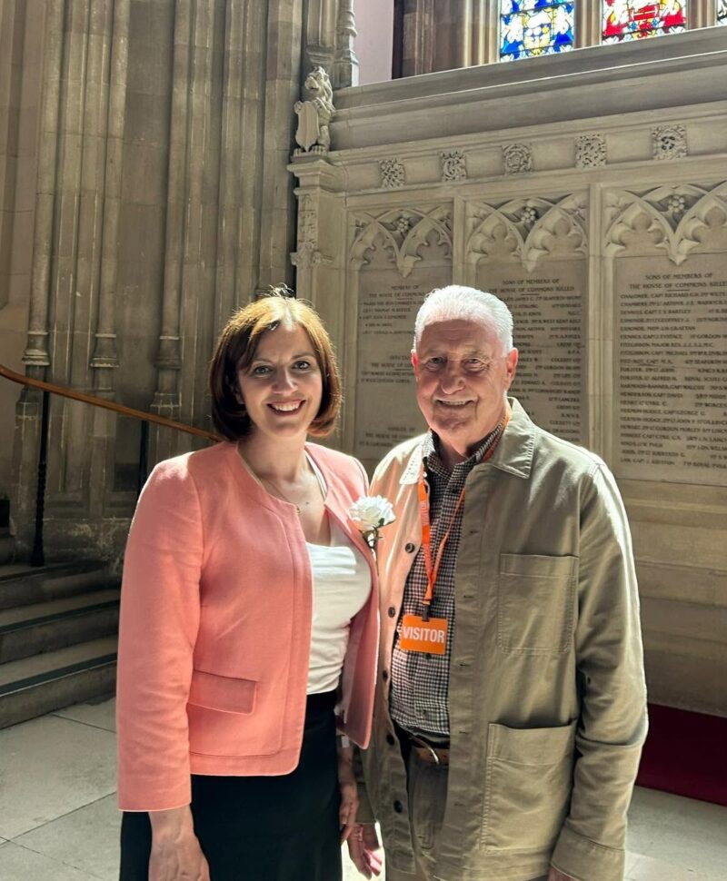 Bridget (left) with constituent and former mineworker Stuart Porthouse (right)